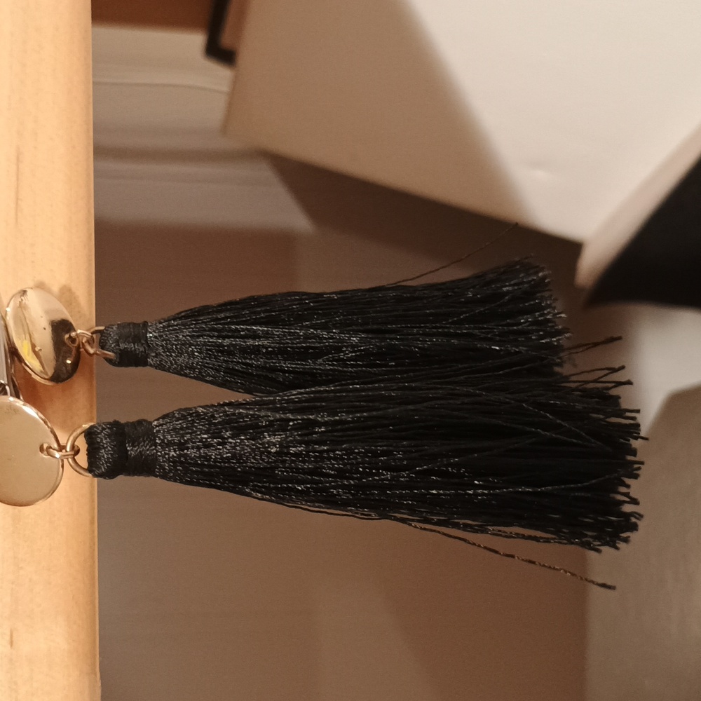 Chic Black Tassel Earrings with Gold Discs - Picture 4 of 6